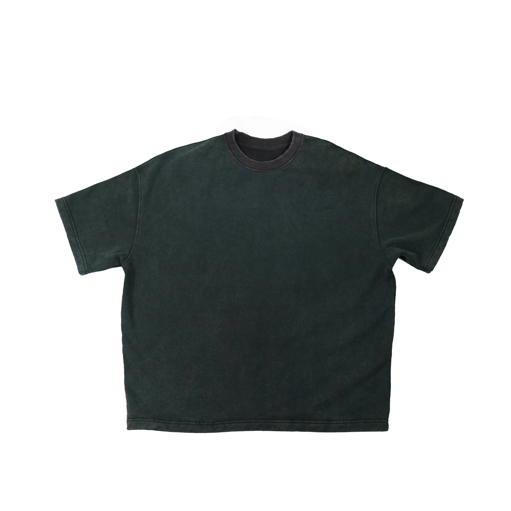 Oversized dark green t-shirt with a contrasting black collar, ideal for casual wear.