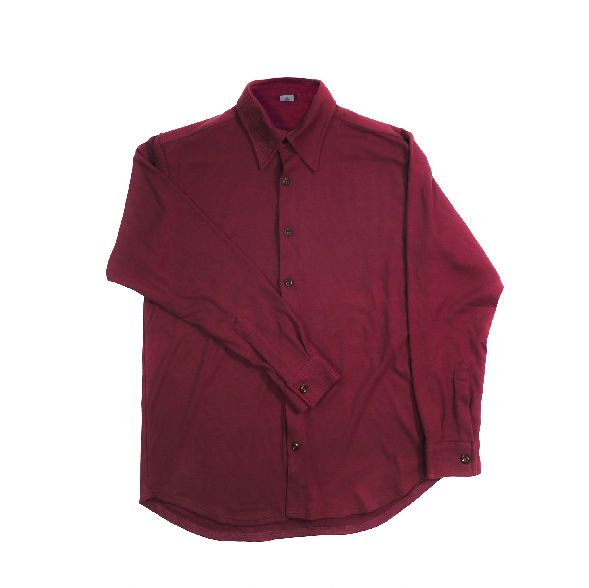 Burgundy long-sleeve button-up shirt laid flat, featuring a classic collar and rounded hem.